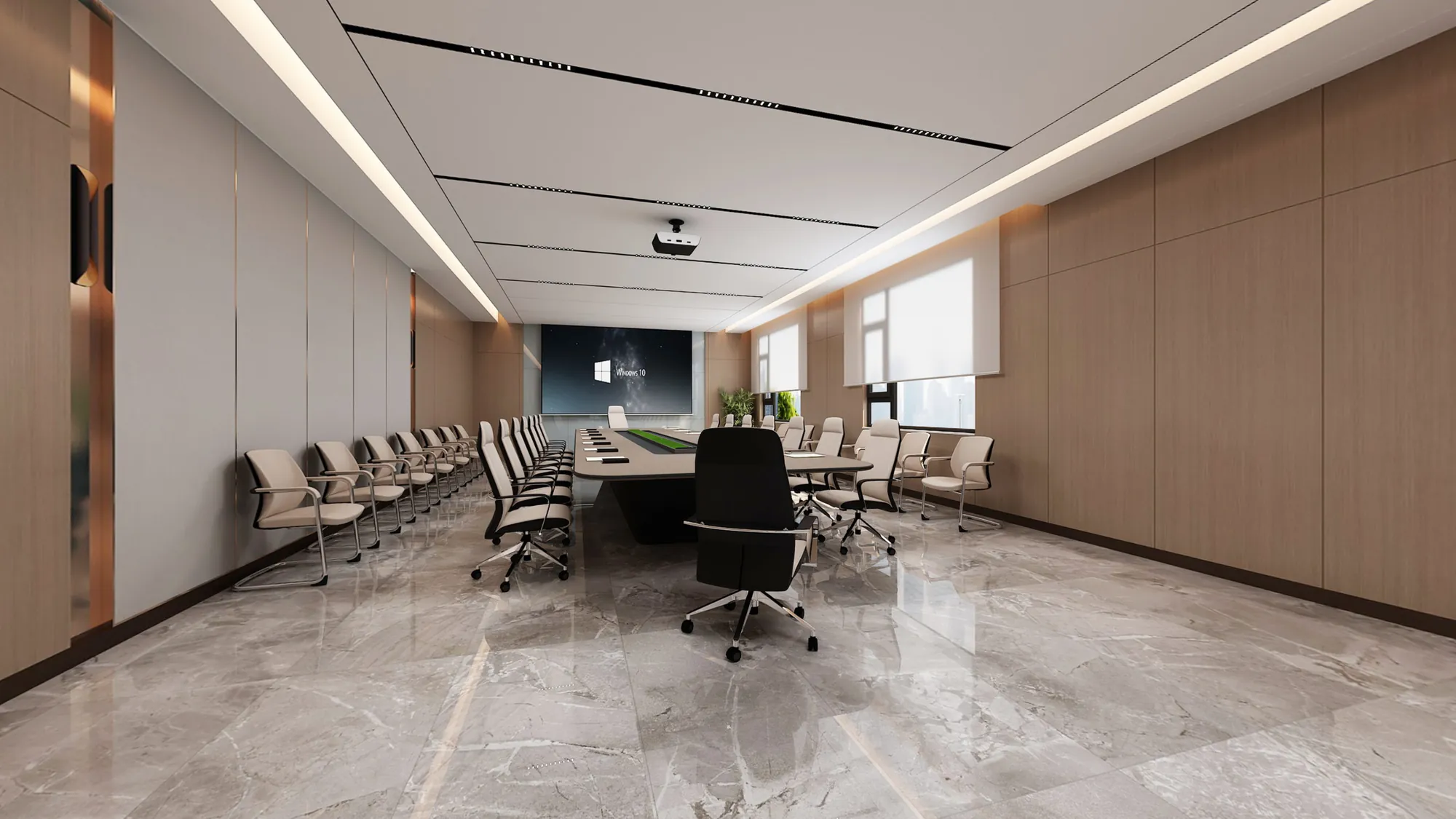 Business hotel conference room with long meeting table and integrated presentation wall