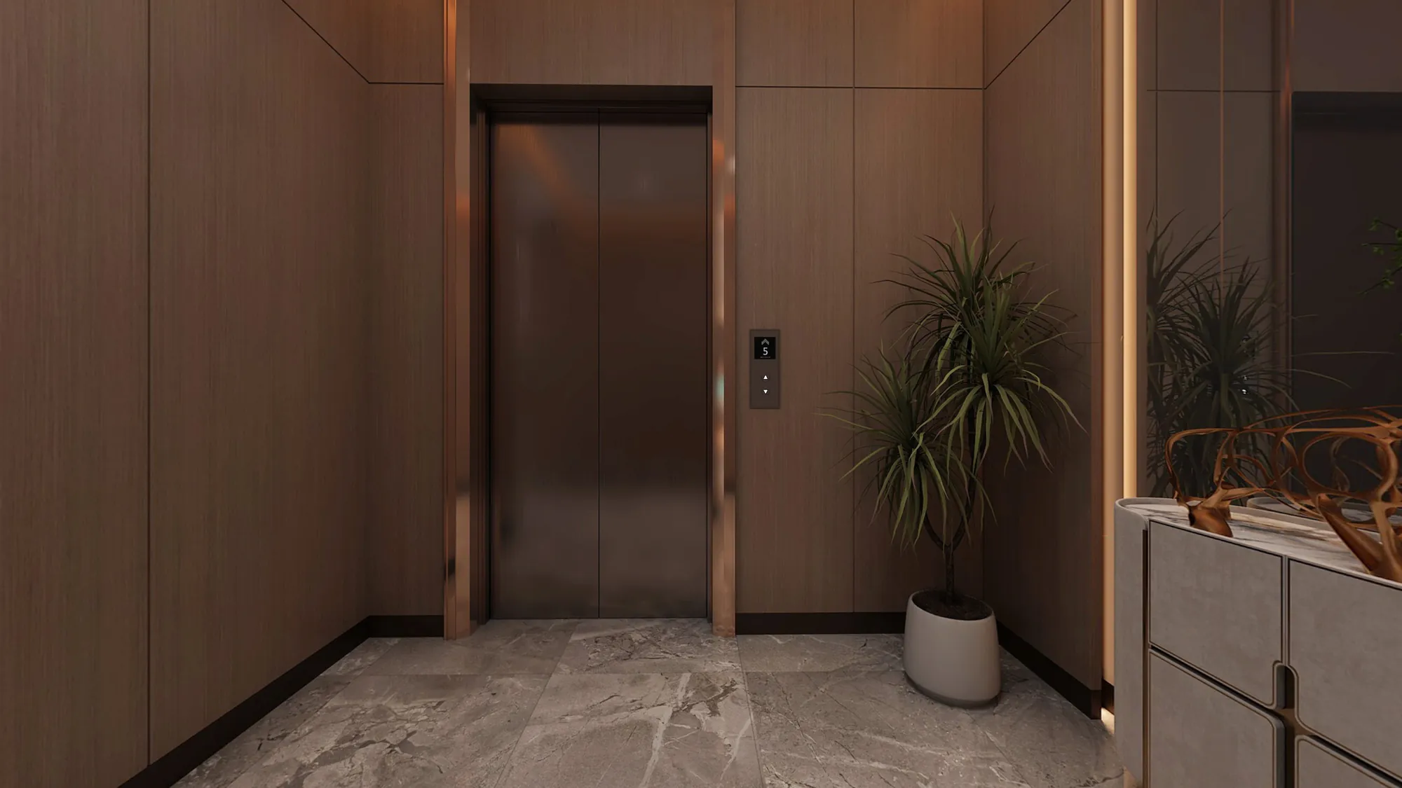 Compact hotel lift lobby with walnut wall panels and concealed lighting
