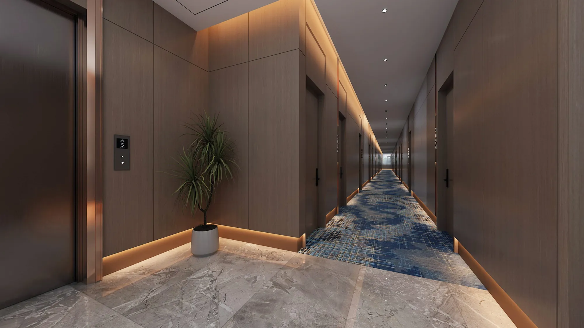 Hotel guest corridor with warm wall panelling and blue patterned carpet