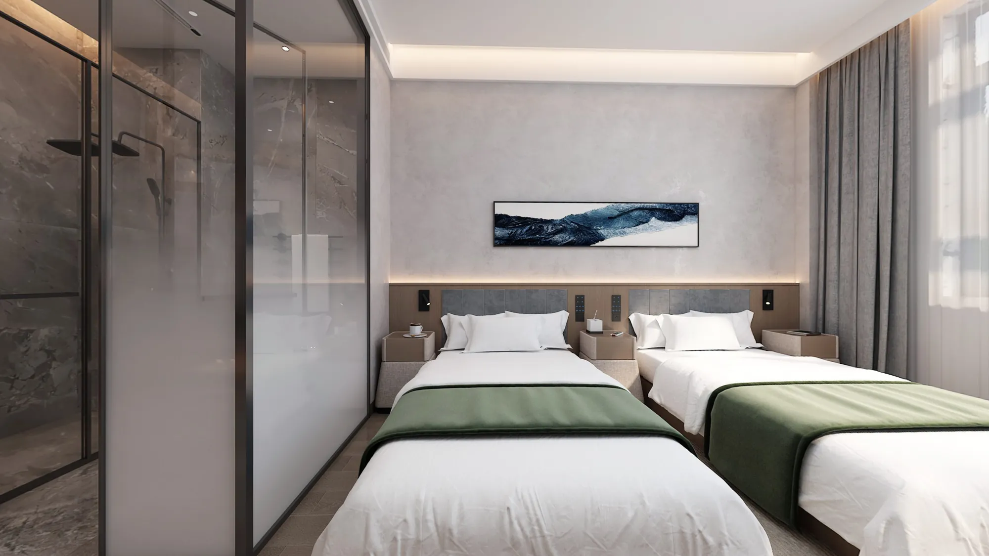 Warm contemporary twin hotel guest room with integrated headboard lighting