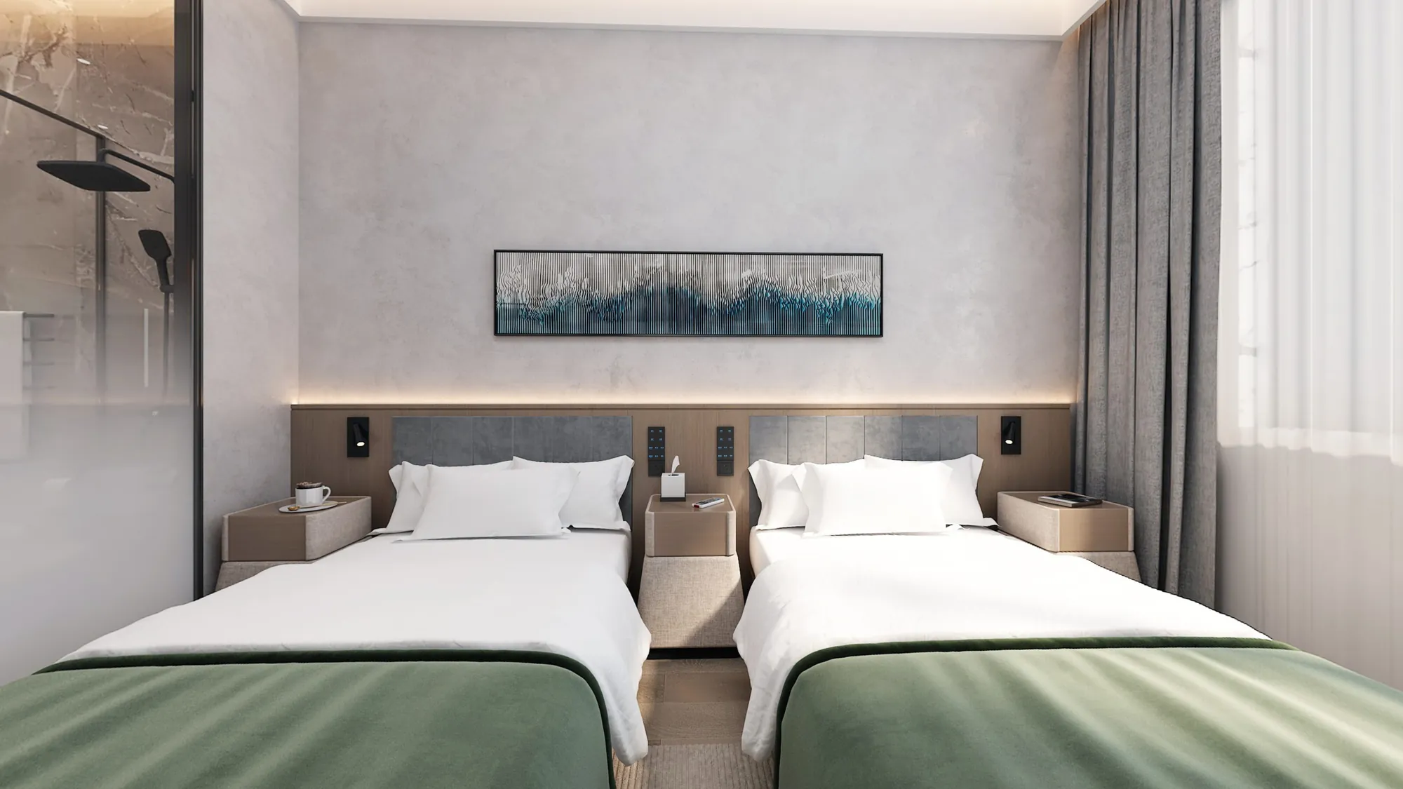 Standard twin hotel room with grey walls, green bed runners and full-height glazing
