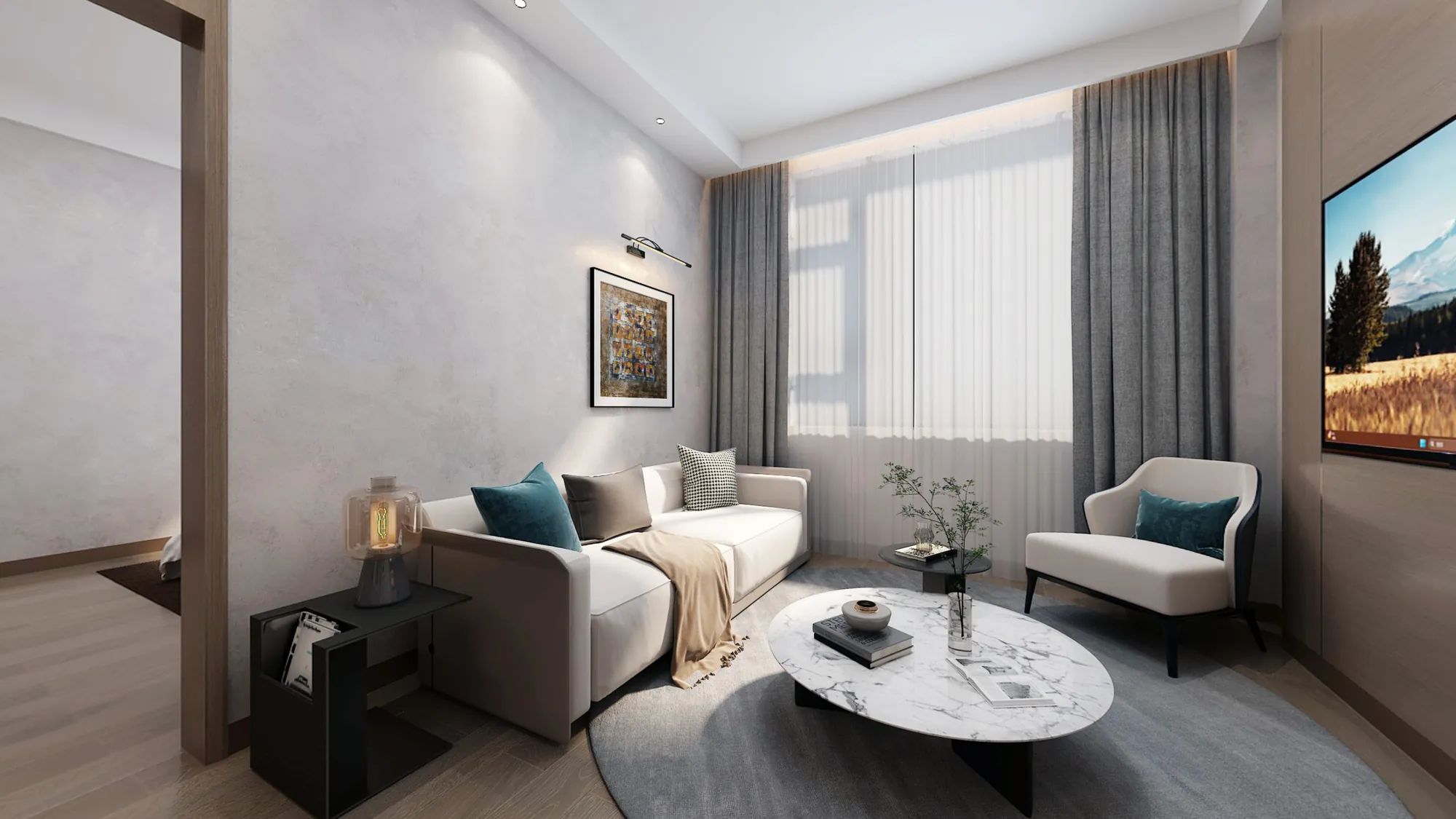 Large hotel suite lounge with marble coffee table and built-in media wall