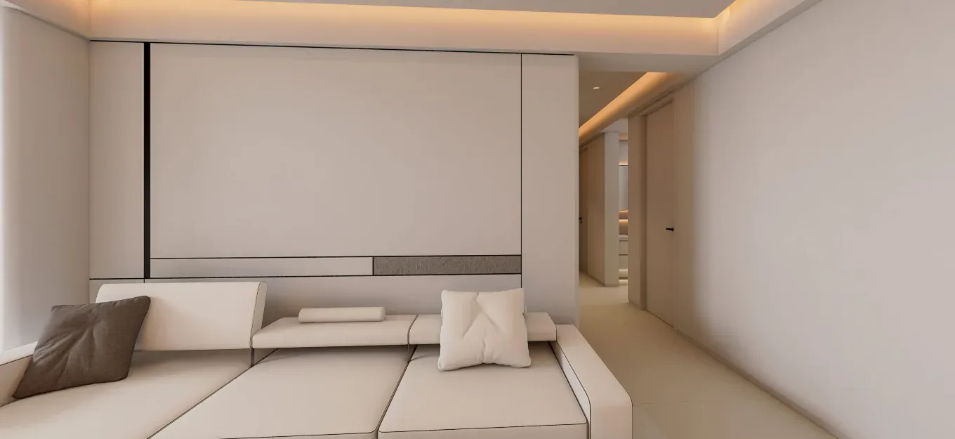 Warm minimal apartment living room with cream joinery and layered lighting