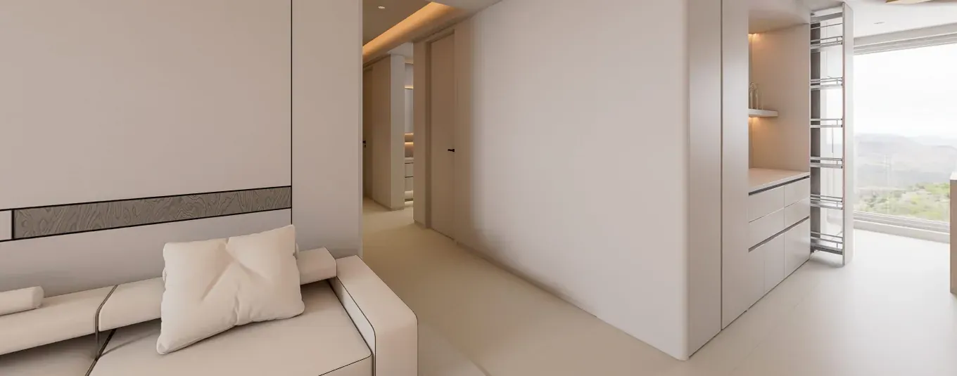 Apartment living room with integrated media wall, sofa and concealed storage