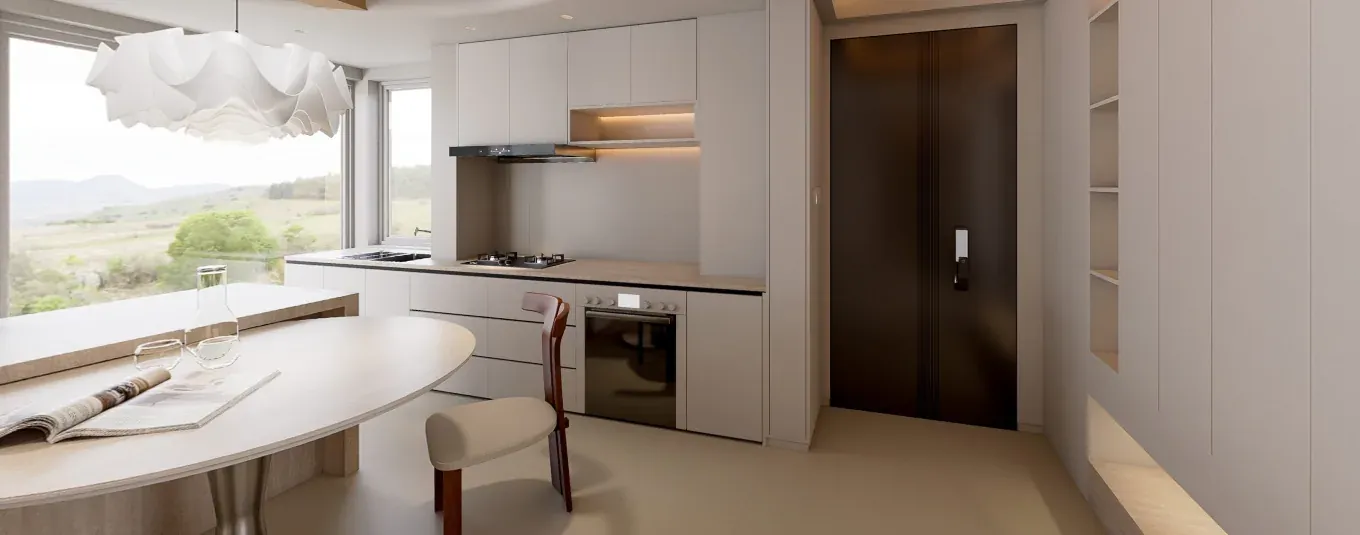 Open apartment kitchen and dining area with pale timber and cream cabinetry