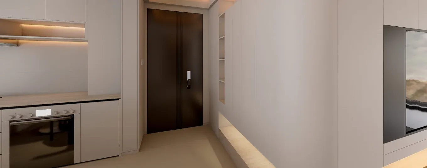 Apartment kitchen storage wall with warm under-cabinet lighting and integrated appliances