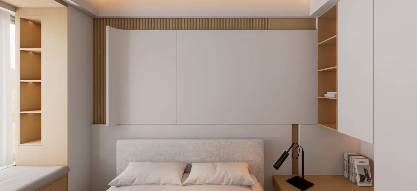 Warm minimal master bedroom with upholstered headboard, timber joinery and integrated reading light
