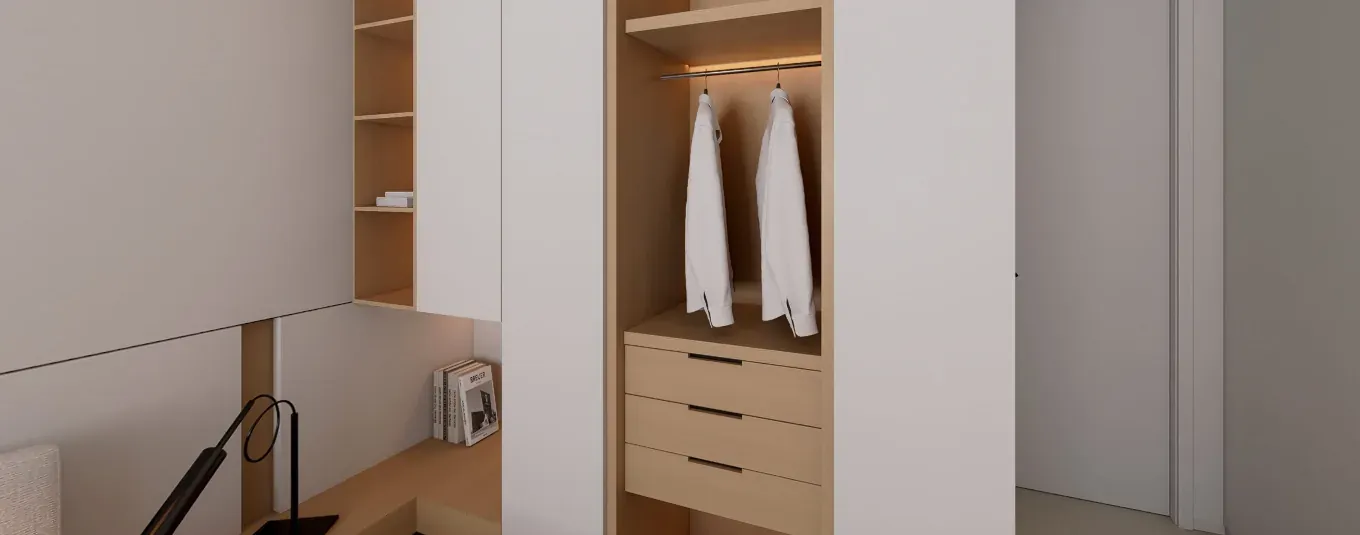 Master bedroom wardrobe with open timber storage, drawers and concealed lighting