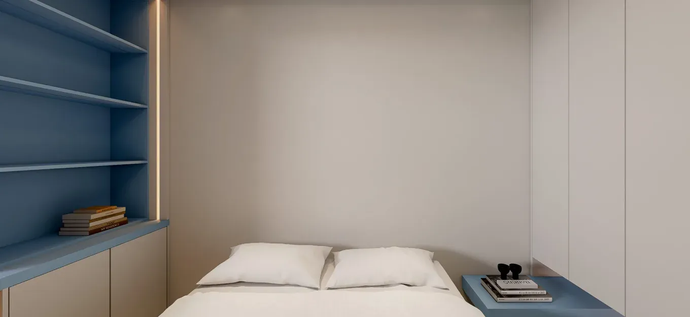 Children's bedroom with soft neutral cabinetry, illuminated niches and a calm window seat