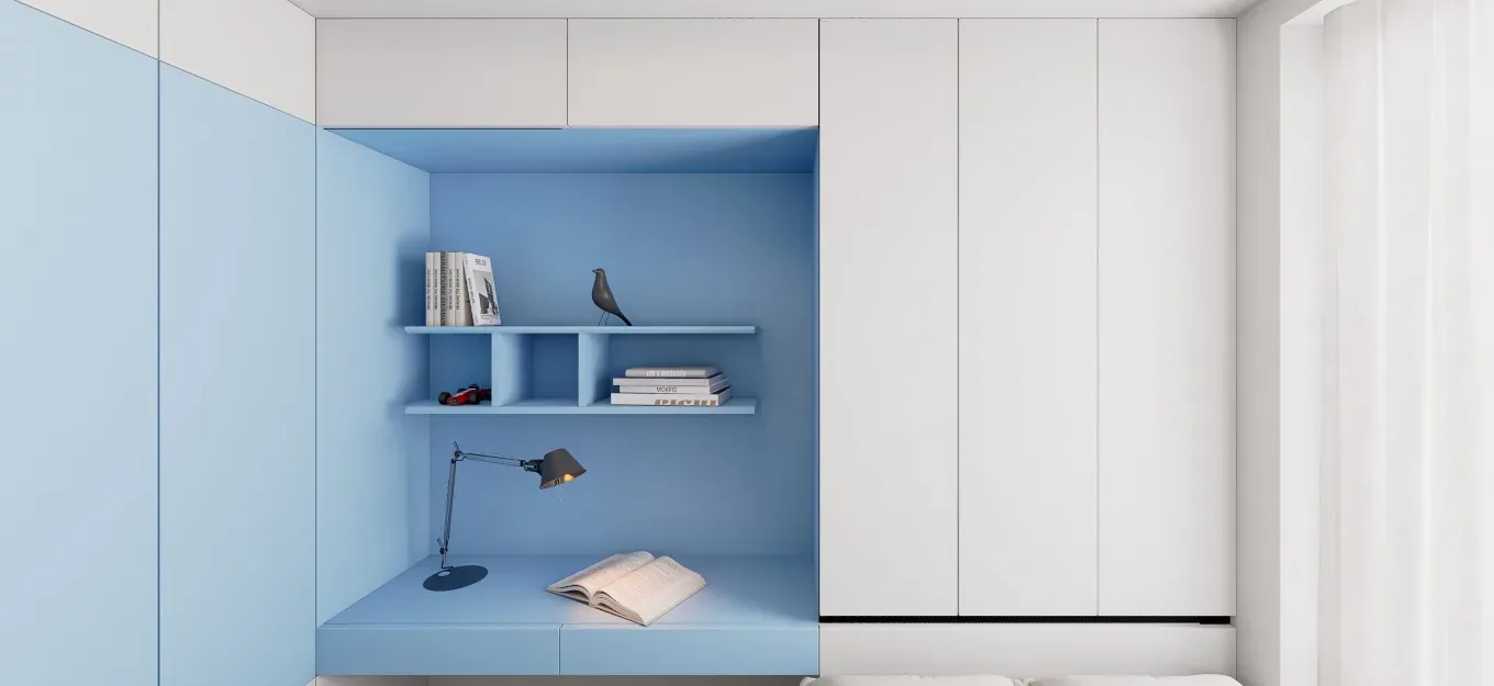 Guest bedroom with full-height cream wardrobes, warm bedside lighting and a simple door elevation