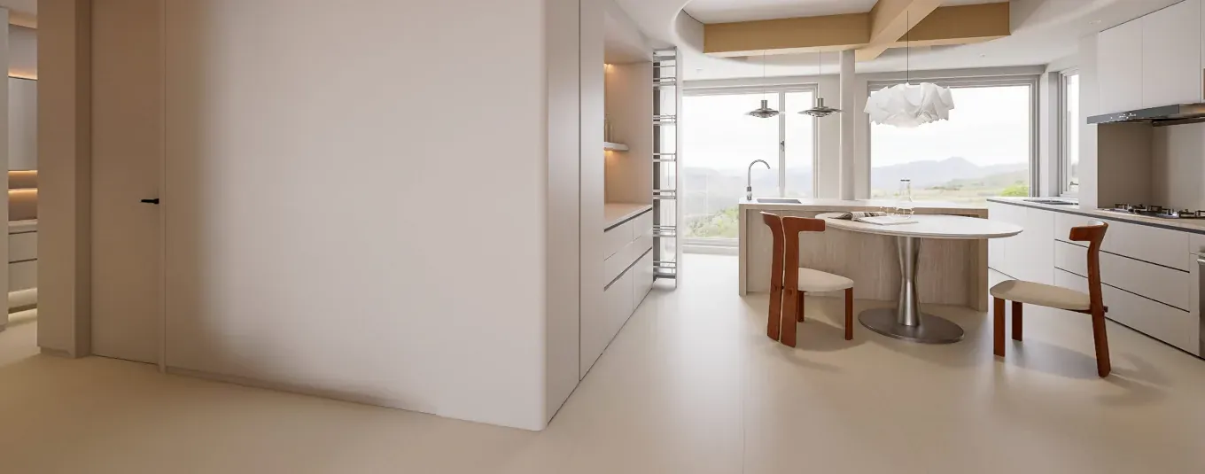 Apartment circulation with flush doors, integrated storage and a continuous warm light line