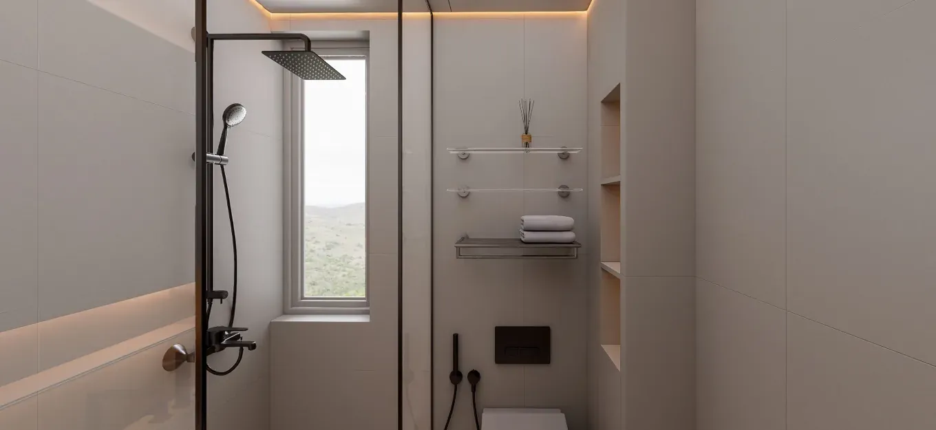 Apartment bathroom with recessed lighting, pale wall panels and fitted storage
