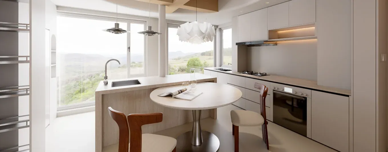 Warm cream apartment material language with timber accents and precise joinery lines