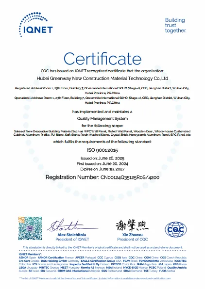 IQNet quality management system certificate supplied by GREENWAY