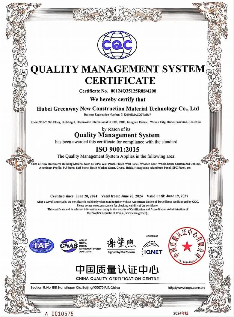 ISO 9001 quality management system certificate supplied by GREENWAY