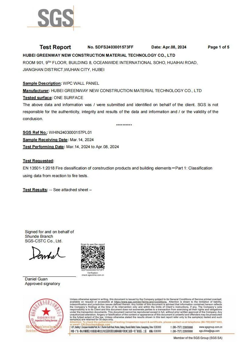 Product-specific SGS fire test report supplied by GREENWAY