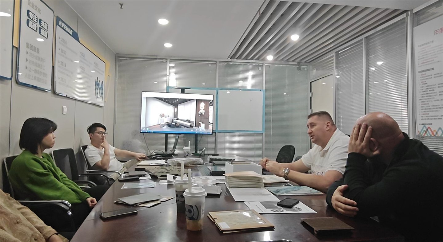 Greenway team and client reviewing an interior proposal on screen