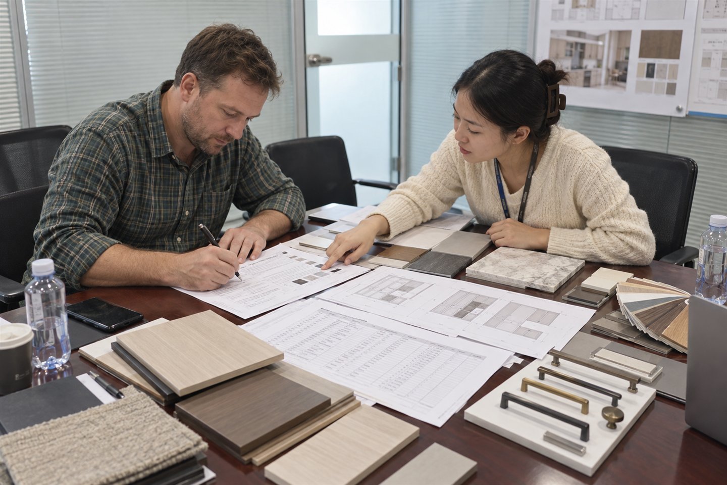 Client confirming the final order against drawings, quantities, finish samples and hardware selections