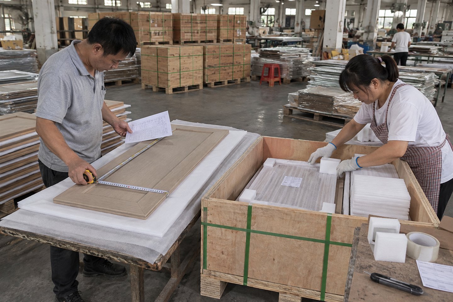 Factory team measuring a finished cabinet door and adding export protection inside a plywood crate