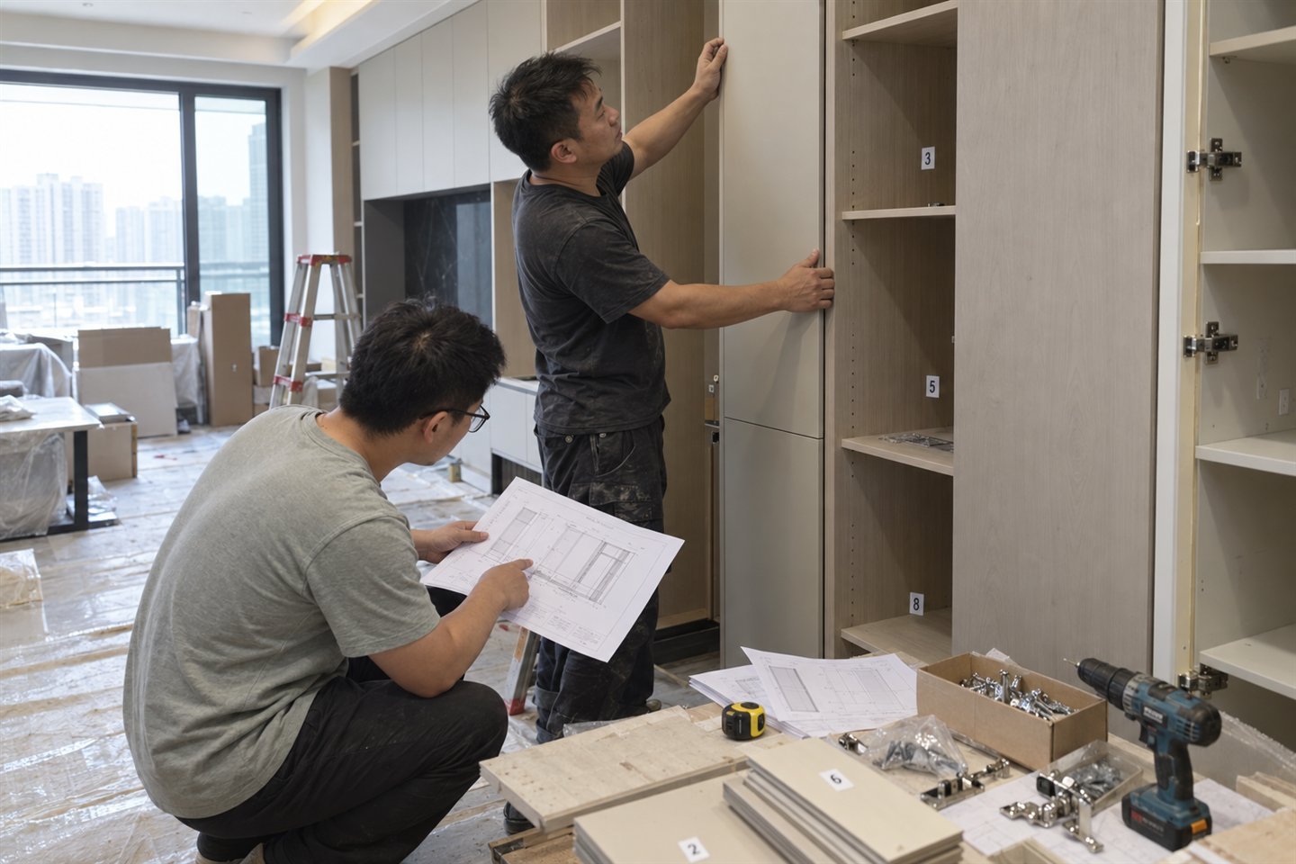 Cabinet installation team checking numbered components against installation drawings