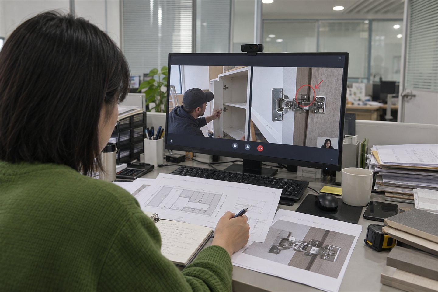 Project coordinator reviewing a cabinet hinge issue with an overseas installer by video call