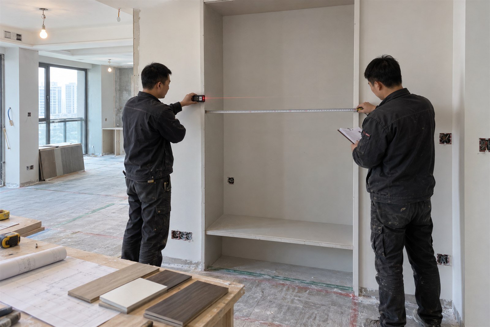 Site technicians measuring a cabinet opening with laser and tape measure