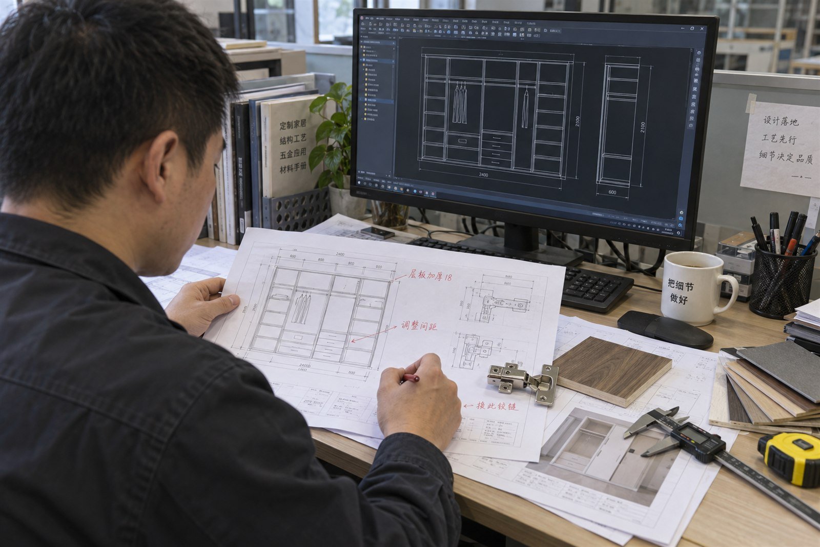 Cabinet engineer checking CAD details against printed production drawings and hardware