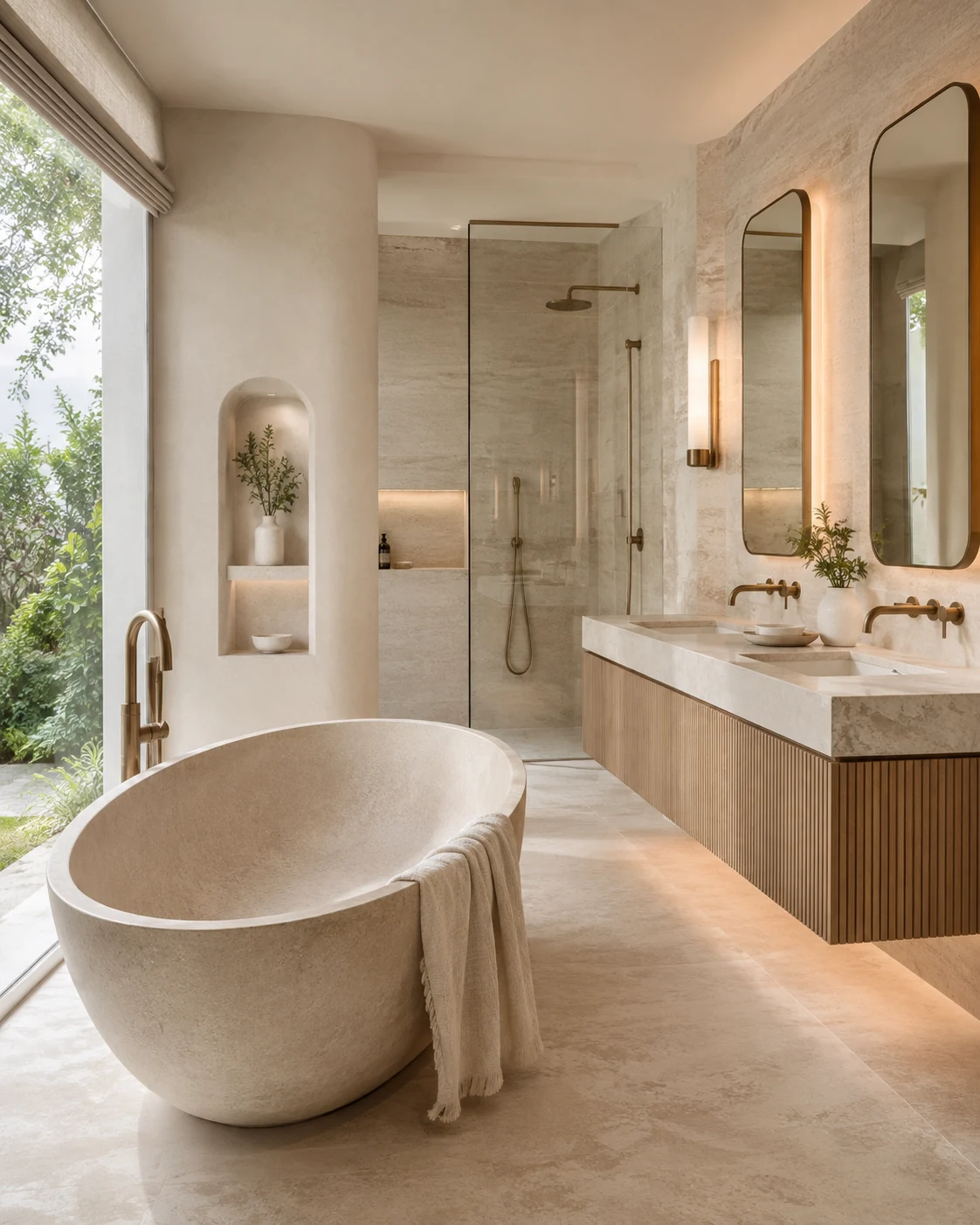 Light-filled custom bathroom with sculpted stone bathtub, fluted vanity and bronze fittings