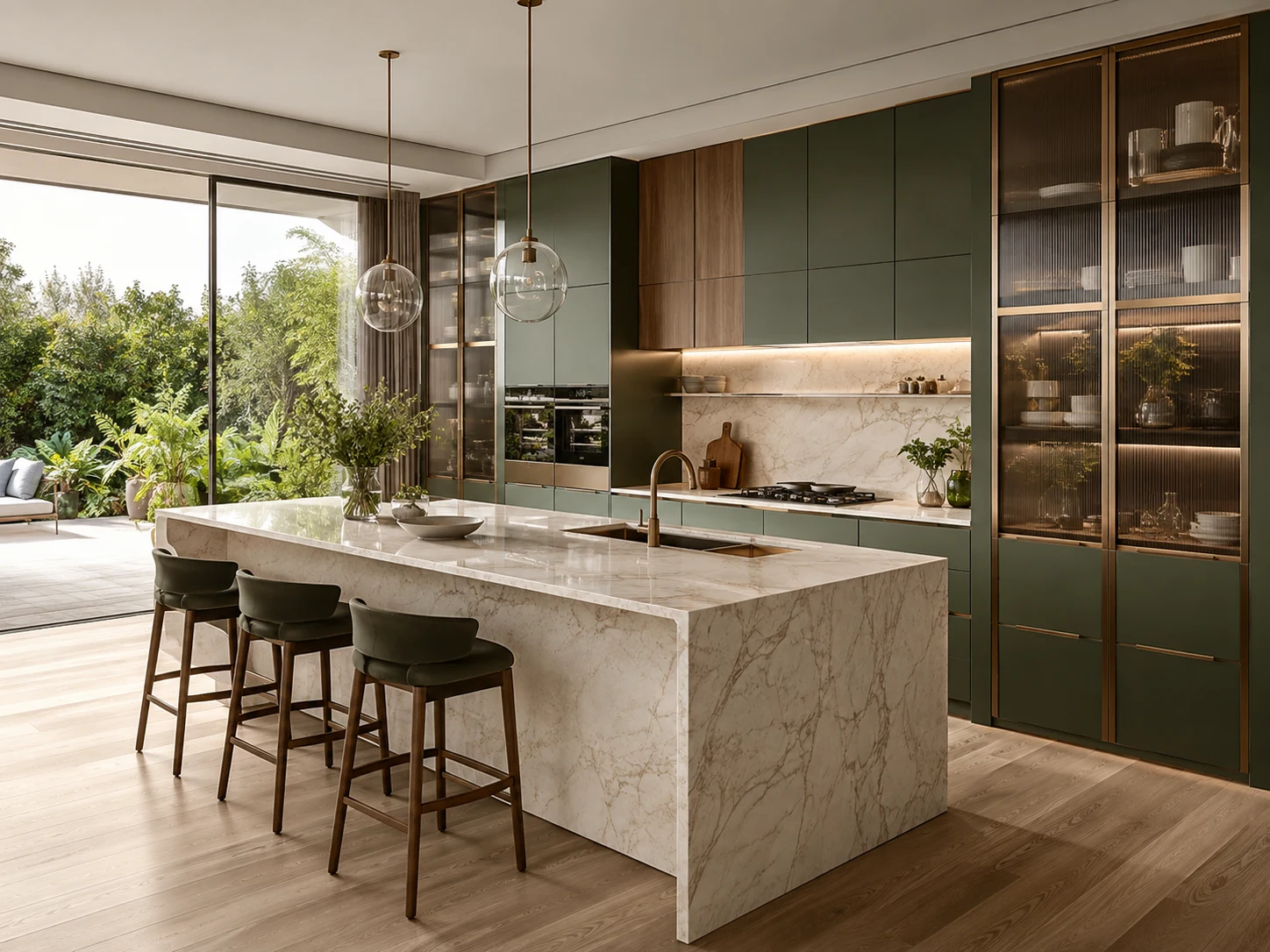 Sage green made-to-measure kitchen cabinetry with stone island and bronze framed display cabinets