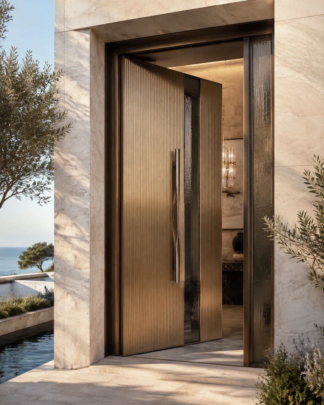 Oversized bronze pivot entrance door set within a limestone villa facade
