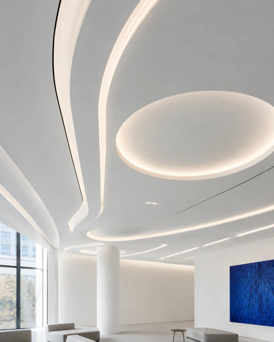 Sculptural white ceiling with integrated curved lighting in a contemporary gallery interior