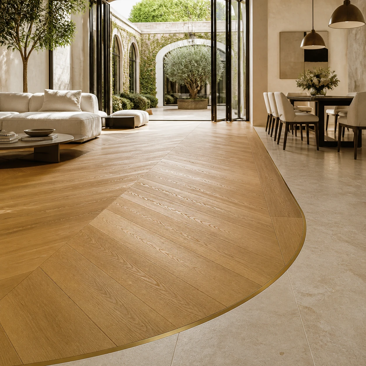 Curved European oak flooring transition with brass inlay in a garden-facing residence