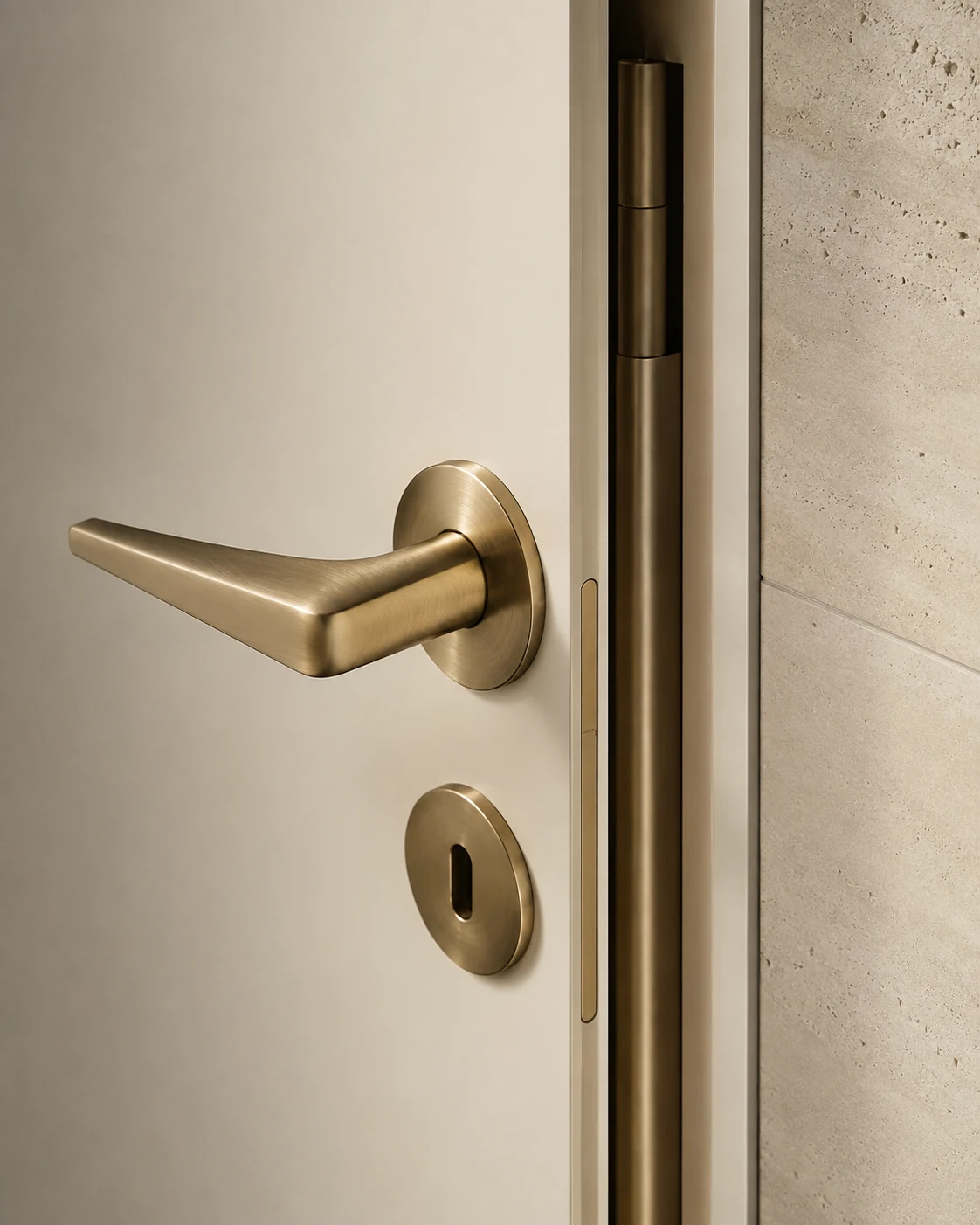 Close-up of a brushed bronze door lever, lock trim and precision hinge