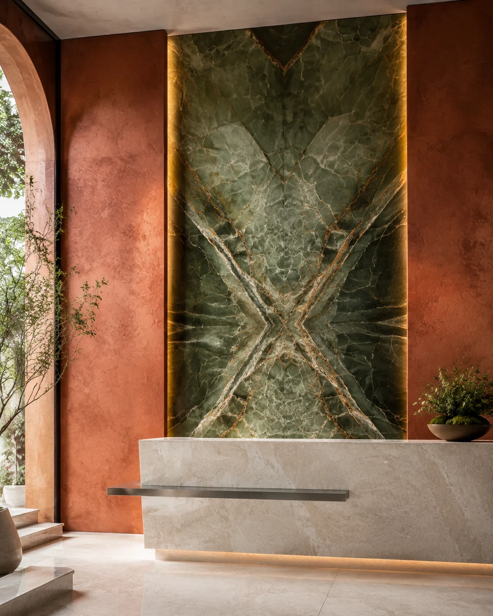 Bookmatched green stone feature wall with integrated lighting in a contemporary reception