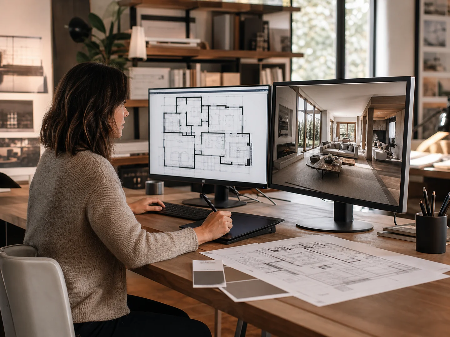 Interior designer developing floor plans and 3D interior design concepts for a custom home project