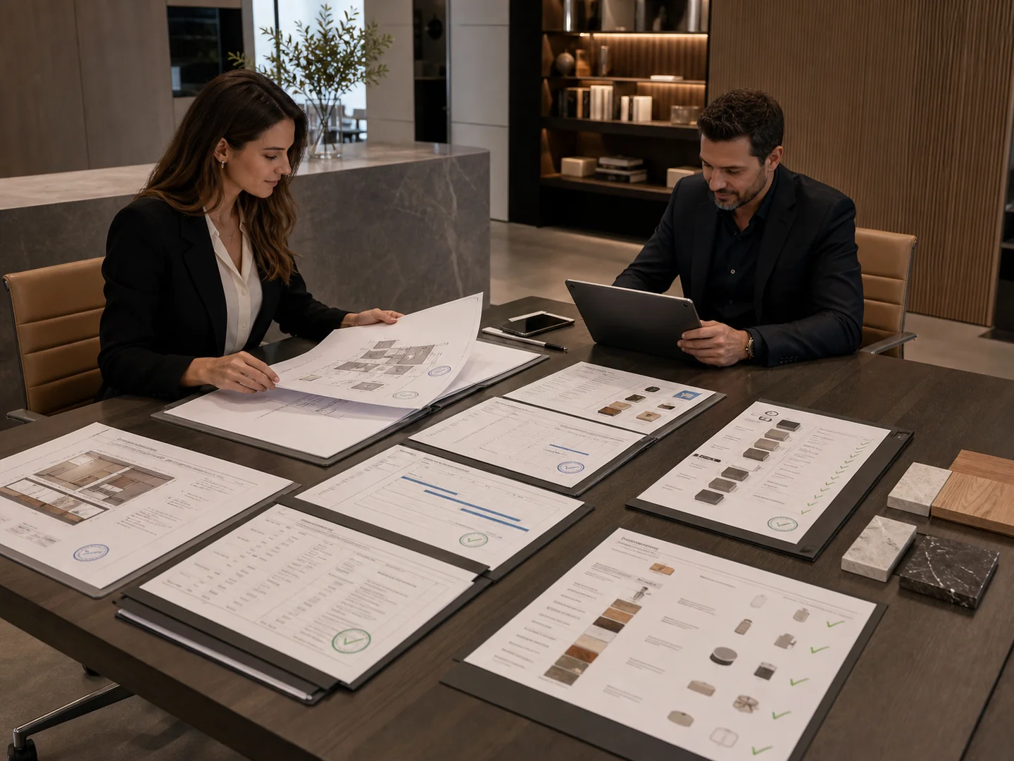 Custom interior project order confirmation with approved drawings, product schedule and production plan