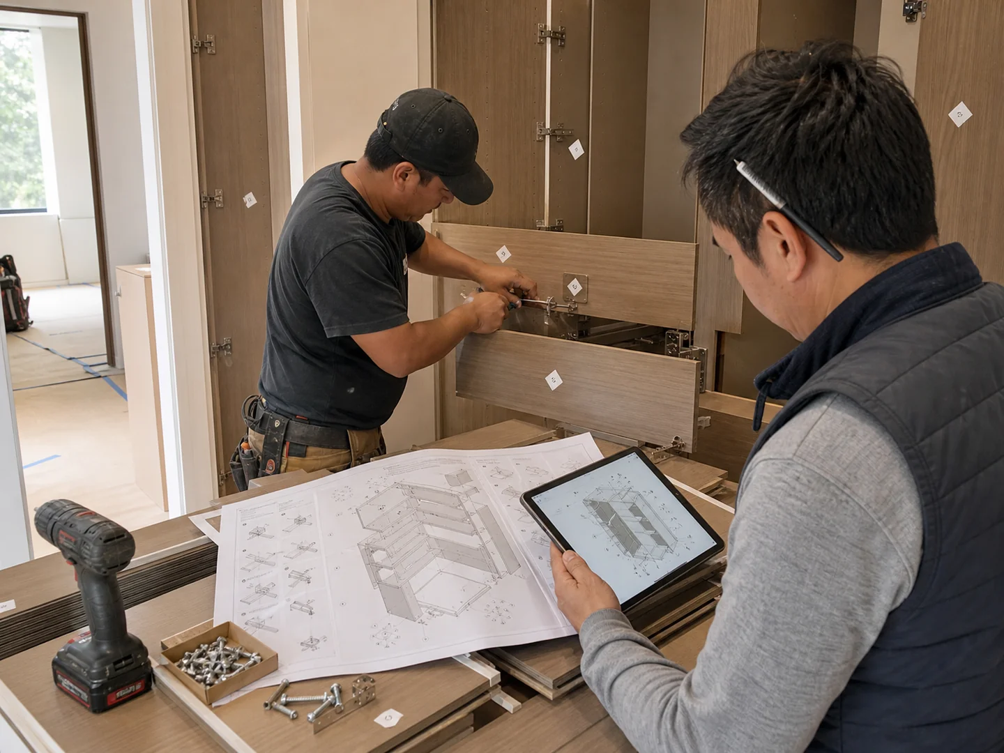 Custom cabinet installation support with labeled components, assembly drawings and technical guidance