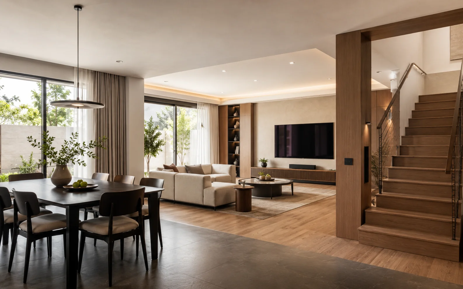 Coordinated interior package for a modern villa with custom cabinetry, wall finishes, flooring and integrated interior systems