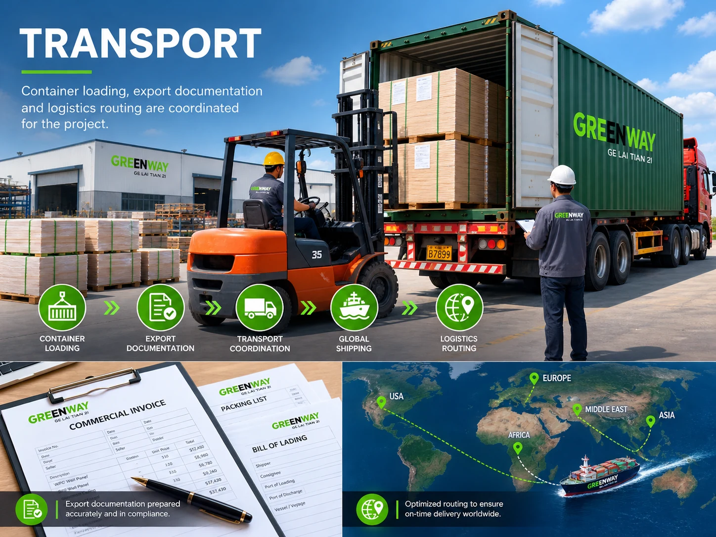 Greenway wall panels being loaded into a container for international shipping