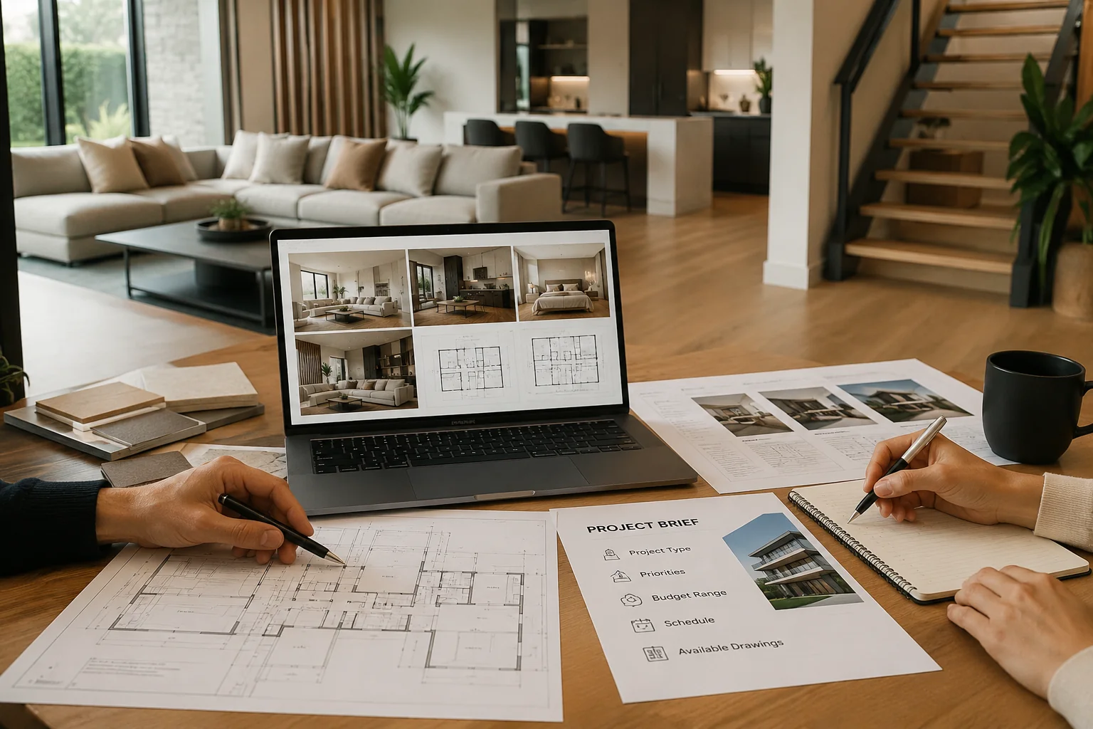 Whole house customization project consultation with floor plans and interior design drawings